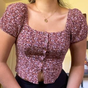 Pink Floral Crop Top button-down with puffy sleeves